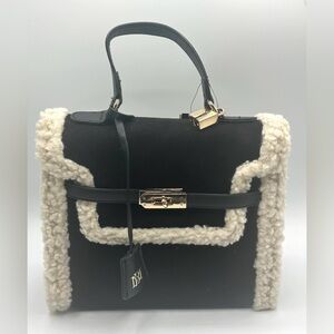 New Badgley Mischka Black Shearling Satchel